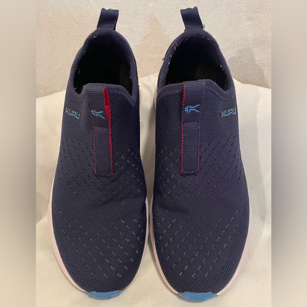 KURU Women’s Slip-On Knit Sneakers in Navy with Red Accents